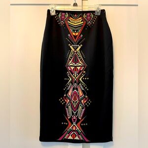 BISOU BISOU Black Beaded Geometric Aztec Print‎ Pencil Skirt